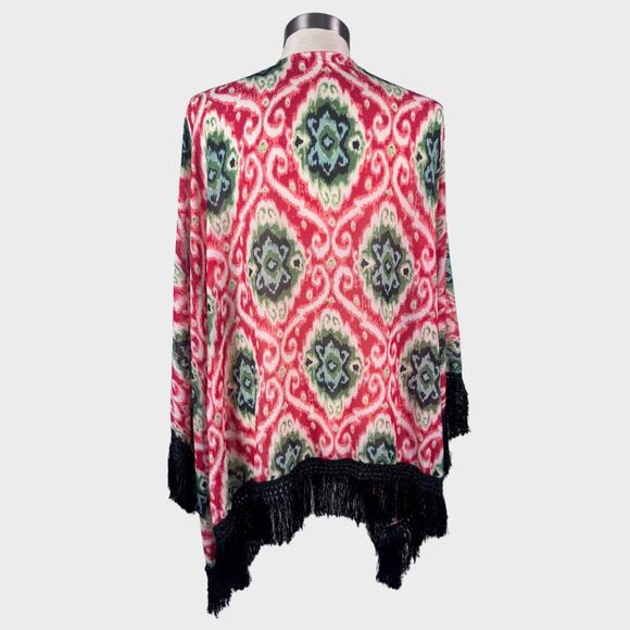 Kimono Cape Fringe Borders Red Green Black OSFM One Size - Picture 2 of 6